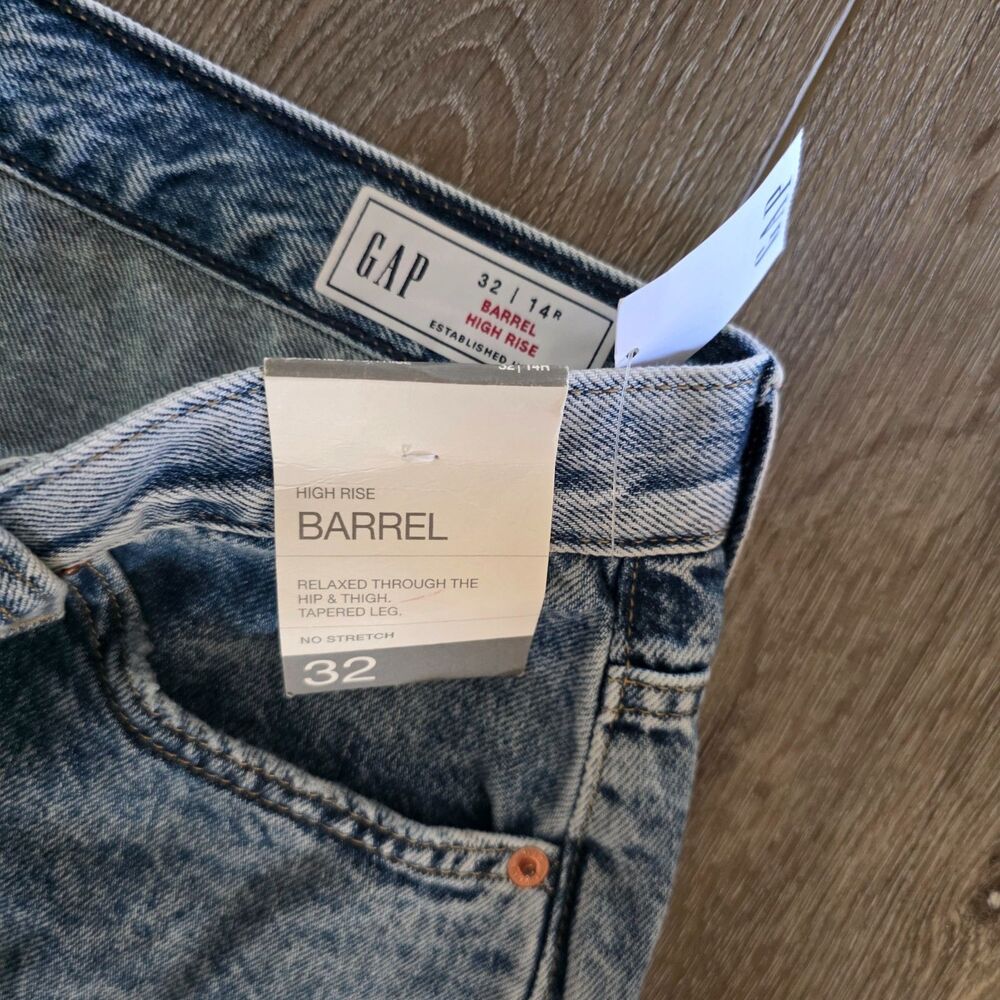 GAP Barrel Jeans High Rise Denim Womens 32 14R Acid Wash NWT Rigid Crossover - Picture 3 of 5